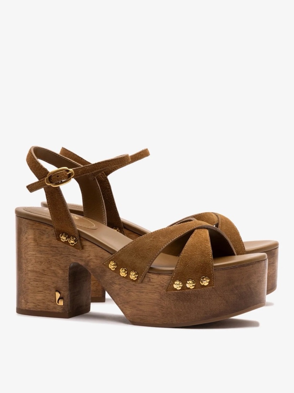 Larroude Talitha Russet Suede Platform Sandals with Gold Studs